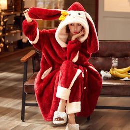 Women's Sleepwear Winter Thick Plush Coral Velvet Cartoon Cute Flannel Long Pyjamas Bathrobes Home Clothes Red Thermal