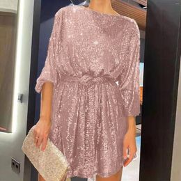 Casual Dresses Women Formal Women's Holiday Party Sequin Beaded Lace Up Long Sleeved Dress Trendy Wedding Guest