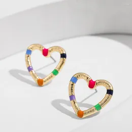 Stud Earrings Fashion Multicolor Drip Oil Enamel Heart For Women Vintage Bohemia Hollow Female Jewellery 2024