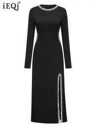 Casual Dresses Solid Nail Bit Vent Design For Women Round Neck High Waist Long Sleeve Elegant Dress Female Spring 2024 3WM500