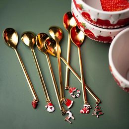 Dinnerware Sets 10Pcs Christmas Spoon Coffee/Honey/Dessert/Fruit Birthday/Party Supplies Long Handle Stainless Steel