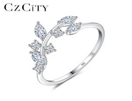 CZCITY Korean Sterling Handmade Olive Leaf Rings for Women Exquisite CZ Stone Adjustable Open Ring Silver 925 Jewelry3670391