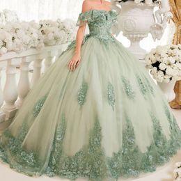 Light Green Sweet 16 Quinceanera Dress Off Shoulder Appliqued Lace Tull Ball Gown Princess Party Birthday Dress Vestidos 15 De