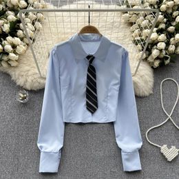 Women's Blouses Ol Elegant Social Shirt Vintage Blouse With Tie Women Korean Fashion Long Sleeve Crop Top Chiffon Shirts Drop