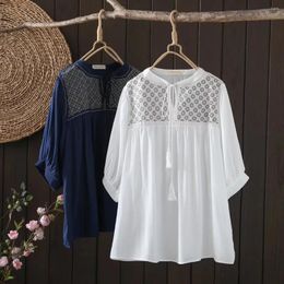 Women's Blouses Cotton Shirts And Women Autumn Mexican Style Ethnic Stand Collar White Navy Blue Embroidered Shirt Gypsy Top