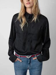 Women's Blouses Women Neckline Wing Letter Embroidery Shirt Black Satin Turn-down Collar One Pocket Female Single Breasted Blouse Spring