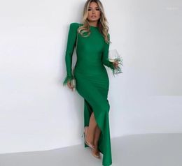 Casual Dresses Elegant Green Bodycon Maxi Dress 2022 Ostrich Feather Sleeve Club Party Prom Sexy Split Long For Women Evening Gown6614661