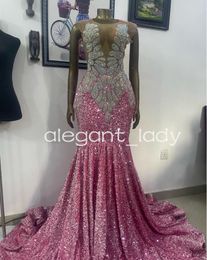 Sparkly Pink Mermaid Long Prom Dresses for Women Luxury Diamond Crystal Velvet Evening Ceremony Gown vestidos de gala