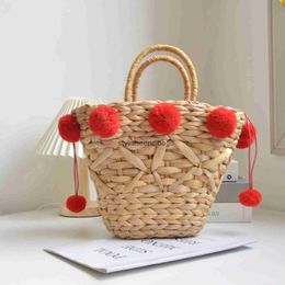 Totes 2023 New Summer Women Straw Shoulder Bags Red Ball Beach Clutch Handbags Holiday Straw Bags Travel Totes Drop ShippingH24219