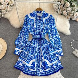 Casual Dresses Fashion Runway Blue And White Porcelain Linen Short Dress Women's Stand Long Lantern Sleeve Print Button Belt Mini Vestidos