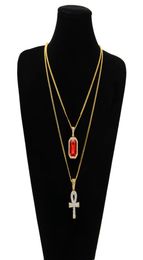 of Rhinestone Egyptian Life Bling Ankh Key With Red Ruby Pendant Necklace Set Men Hip Hop Jewellery IJYP8323568