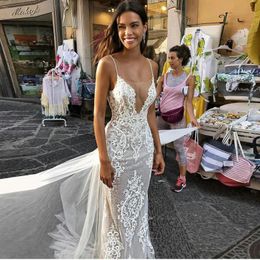 Spaghetti Strap Beach Wedding Dresses Lace Appliques Pearls Sequined Mermaid Bridal Gowns Tulle Vestido De Mairage 328 328