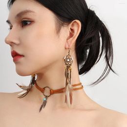 Necklace Earrings Set Boho Choker Dream Catcher Women Retro Long Feather Tassel Brown Leather Leaves Pendant Jewelry