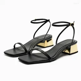 Dress Shoes Concise Women Square Head Sandalias De Mujer One Character Strip Sandals Mid-heel Pumps Black Solid Tacones