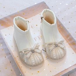 Boots Girls Leather 2024 Winter Children's Plush Short With Bow Knot Korean Style Sweet Princess Elegant Platform