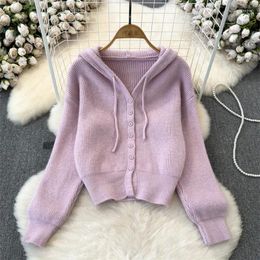 Women's Knits Spring Autumn Women Casual Hooded Short Knitted Sweater Cardigan Jacket Single-breasted Long Sleeve Female Knitwear Pull Femme