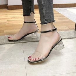 Sandals Type Of Transparent For Women With Summer All-match Chunky Heels And One-word Buckles