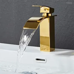 Bathroom Sink Faucets Waterfall Basin Faucet Gold Bath &Cold Water Mixer Vanity Tap Deck Mounted Washbasin Taps CL-261