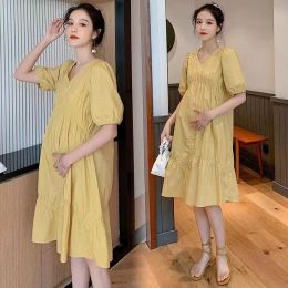 Dresses Women High Waist Clothes Wear Yellow Summer Maternity Dress V Neck Casual Loose Dresses Sweet Women Pregnant Clothing