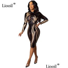 Basic Casual Dresses Liooil Sequin Sexy Mesh Sheer Bodycon Midi Dress 2021 Autumn Winter Long Sleeve See Through Tight Woman Party Dhkzs