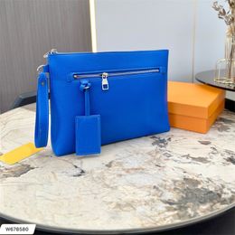 TAKEOFF top quality designer bag luxury metal letter logo zipper opening and closing cow leather fashion clutch bags men's classic blue.