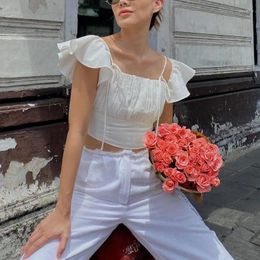 Women's Blouses Halter Top Women Elegant White Crop Short Sleeve Korean Fashion For 2024 Summer Square Neck Ruched