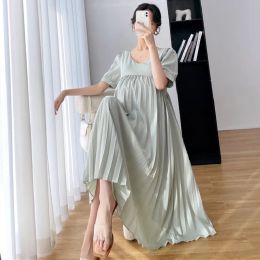 Dresses 2022 Summer New Korean Fashion Short Sleeve Maternity Dresses Sweet Pleated Loose Clothes For Pregnant Women Pregnancy Clothing