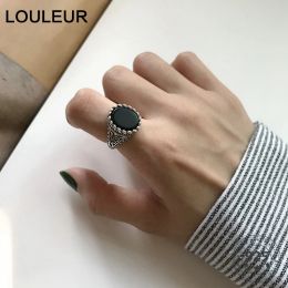 Rings Louleur 925 Sterling Silver Black Agate Vintage Rings Simple Retro Design Personality Wild Rings for Women Charms Fine Jewellery