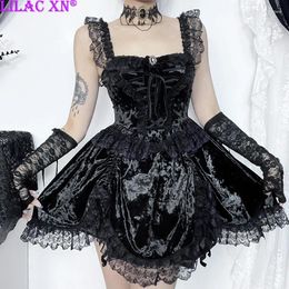 Casual Dresses Goth Black Lace Trim Sleeveless Party Vestido Y2K Sexy Aesthetic Lace-up Bandage Lolita Slim Short Mini Dress Women