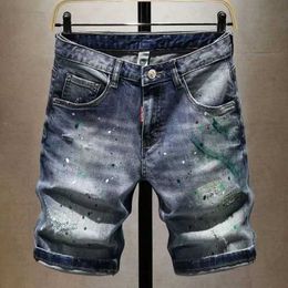 Men's Shorts Denim shorts jeans mens fashion Personalised spray paint perforated pants summer thin elastic patches Capris street mens clothing J240219