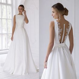 Boat Sleeveless Neck A Line Wedding Dresses Button Back Ruched Satin Bridal Gown Bow Tie Belt Garden Mariage