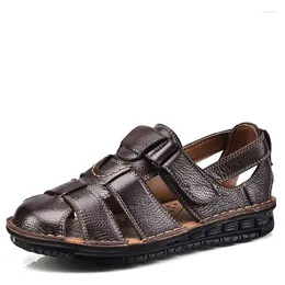 Sandals Summer Old Man Wearing Men's Soil Leather Beach Shoes Breathable Mesh Eyelids Baotou Non-slip Grandpa