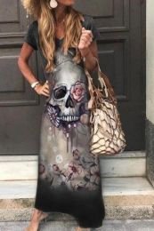 Dresses Punk Summer Dress Women Gothic 2022 Short Sleeve Skull Print Long Maxi Dresses Streetwear Ankellength Vestidos Mujer Sundress