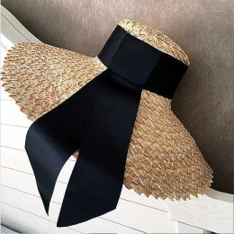 Snapbacks Women Classical Wheat Straw Hat Summer Cap 18cm Large Wide Brim Sun Hat Elegant Floppy Ribbon Beach Hat Vocation Derby Hat