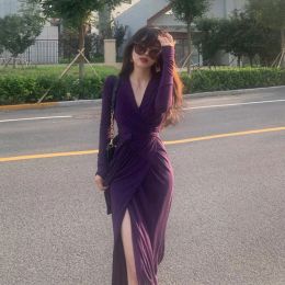 Dress Deeptown Korean Style Sexy Purple Evening Dress Women Vintage Spilt Long Sleeve Corset Tunic Dresses Elegant Chic Midi Vestidos