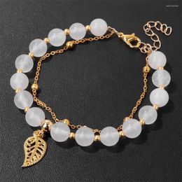 Charm Bracelets Natural White Jades Beaded Bracelet Chalcedony Gold Colour Leaf Chain For Women Exquisite Elegant Jewellery