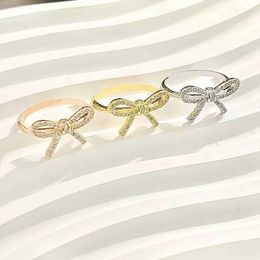 Band Rings t Family S925 Full Body Sterling Silver Tiffanynet Bow Ring Fashion Cute Versatile Korean Edition Diamond Bow Womens Ring