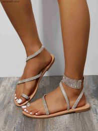 Sandals Summer toe set rhinestone flat bottomed sandals for women with back strap flat heel beach sandals T240220