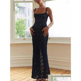 Basic Casual Dresses Elegant Lace See Through Maxi Dress Women Summer Sexy Spaghetti Straps Bodycon Wedding Party 2024 Black Split Otliv