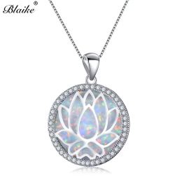 Necklaces Blaike 925 Sterling Silver Rainbow Lotus Flower Pendants White/Blue Fire Opal Birthstone Necklaces For Women Zircon Fine Jewellery