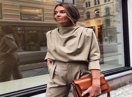 Draped Solid Khaki Tops and Blouses Spring Elegant Office Blouse Women Ruched Work Top Long Sleeve Ladies Shirt Blouses 20203917679