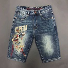 Men's Shorts Mens denim shorts koi carpet embroidered slim fit Capris pants summer thin retro mens jeans shorts J240219