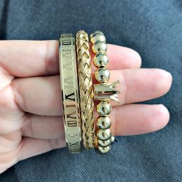 Bracelets Luxury 3pcs/Set Stainless Steel Bracelet Hip Hop Men's Jewellery Roman Number Crown Charm Gold Colour Bangles For Men Pulseira