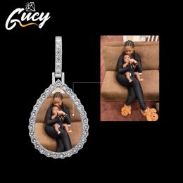 Necklaces GUCY DropShaped Medal Custom Made Photo Roundness Solid Back Pendant Necklace With Cubic Zircon Men's Hip Hop Jewellery