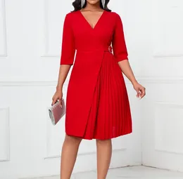 Party Dresses Fashion 2024 Summer Casual For Women Elegant Sexy V-Neck Fashionable Waistband Solid Colour Pleated Mid Sleeved Dress
