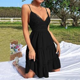 Shoulder lace patchwork sexy mini dress womens summer V-neck spaghetti shoulder strap A-Line dress fashion casual beach party sun dress 240220