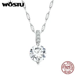 Necklaces WOSTU 925 Sterling Silver Classic Big Stone Shiny Clear Zircon Charm Necklace For Women Chain Link Necklace Wedding Fine Jewelry