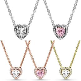 Necklaces Authentic 925 Sterling Silver Rose Timeless Elegance Elevated Heart Necklace With Pink Crystal For Fashion Gift Diy Jewellery