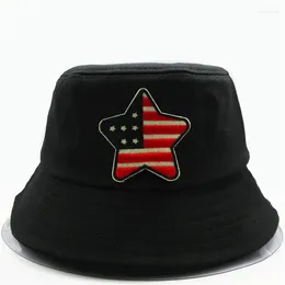 Berets LDSLYJR American Flag Stars Embroidery Cotton Bucket Hat Fisherman Outdoor Travel Sun Cap Hats For Men And Women 51