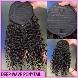 High Quality Peruvian Malaysian Indian Hair Natural Black Deep Wave Ponytail Hair Extensions 100% Raw Virgin Remy Human Hair